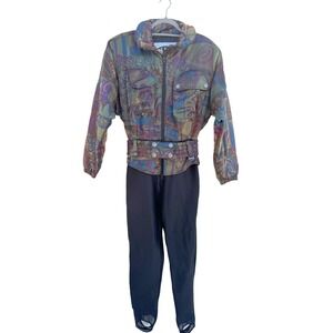 Vintage NILS Colorful Abstract Metallic One Piece Ski Suit Jumpsuit, Sz 10